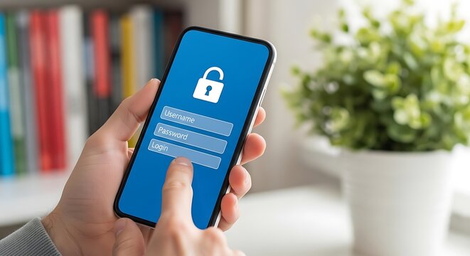 Person's hand interacts with phone showing login screen with lock icon