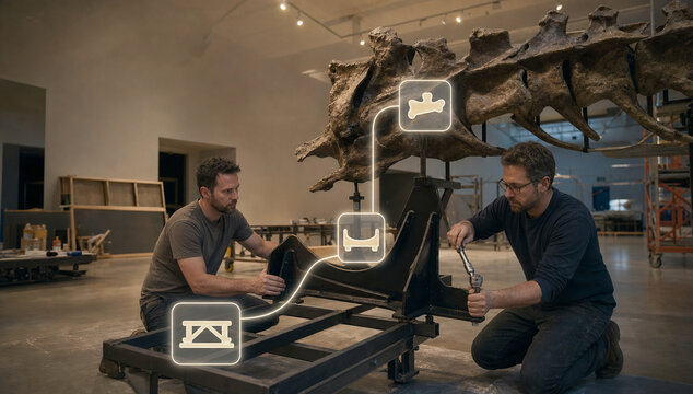 Museum technicians installing fossil skeleton exhibit
