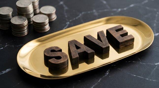A golden tray displaying the word save in block letters next to stacks of silver coins on marble