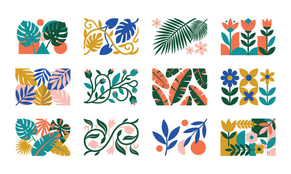 Abstract tropical floral pattern set, monstera palm leaves, colorful botanical geometric art, summer jungle foliage elements, mid century modern aesthetic background