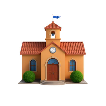 Miniature school building featuring bright orange walls red roof tiles a tall bell tower and small green ornamental round bushes