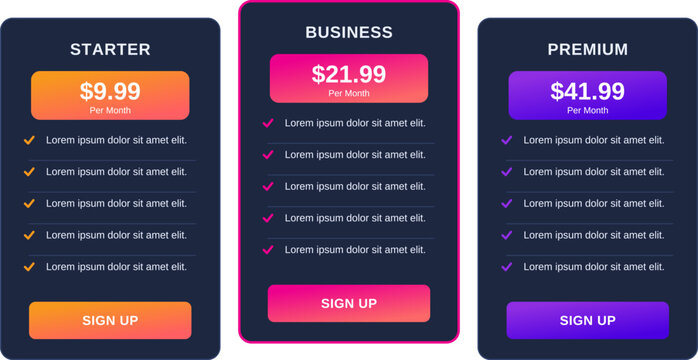 Dark glassmorphism pricing table vector template with pink gradient plan cards and price badges. Feature checkmarks and sign up buttons for modern dark mode website UI design