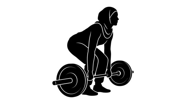 Muslim woman weightlifter silhouette, female athlete in hijab lifting barbell, modest sportswear fitness training vector, powerlifting strength exercise