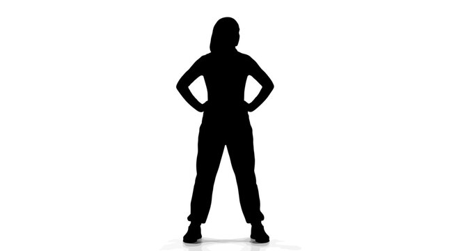 Muslim woman karate fighter silhouette, female martial artist in hijab performing high kick, black and white vector illustration of athletic girl