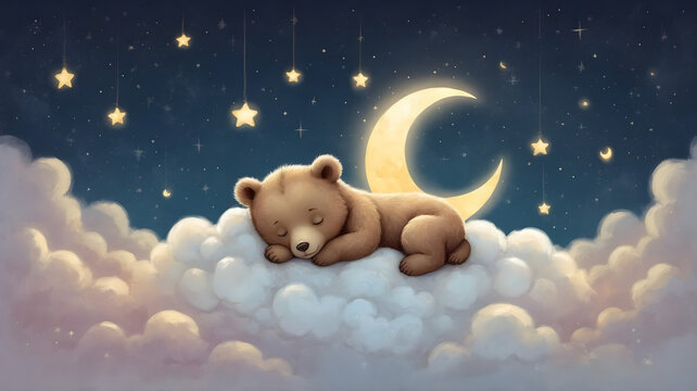Whimsical fairytale illustration of a cute little teddy bear peacefully sleeping on a soft cloud under a golden crescent moon and stars.
