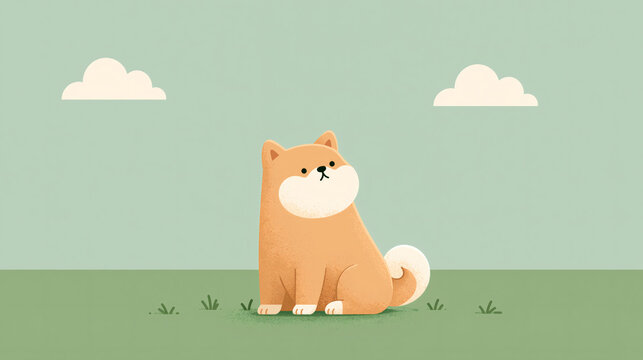 A cute cartoon illustration of a small fluffy dog sitting peacefully on the green grass against a soft pastel background with simple clouds