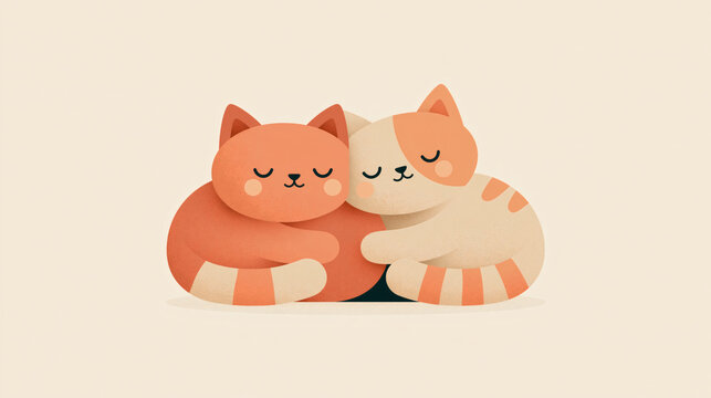 Two cute orange and white cartoon cats are sitting together and cuddling in a peaceful pose against a simple background