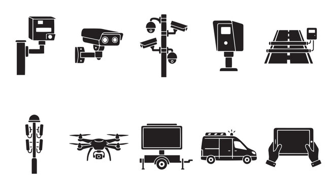 Security surveillance camera icons, 10 black vector elements for traffic monitoring and public safety, speed trap and drone technology set