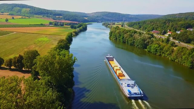 aerial view of a cargo ship driving on a river in the Main Valley