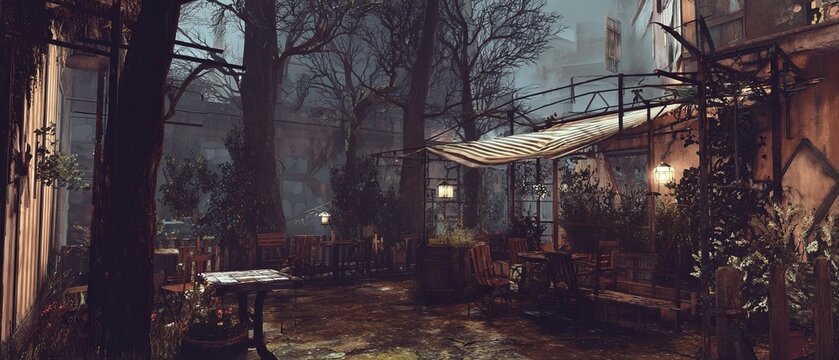 Eerie Ambiance - A Dark and Mysterious Outdoor Cafe Scene.