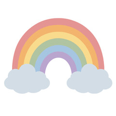 Fototapeta premium Hand-drawn pastel rainbow arch with two soft fluffy clouds beneath a colorful spectrum of muted arcs in a charming vector illustration icon style