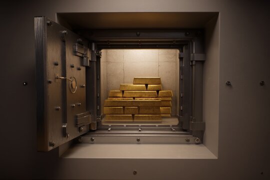 Open safe deposit box inside a bank vault filled with a stack of shiny golden bars, concept of wealth and security