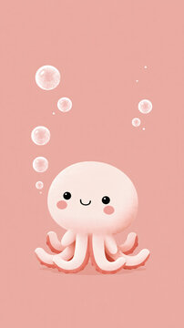 A cute cartoon illustration of a small pink octopus sitting and smiling while bubbles float around it against a solid soft pink background