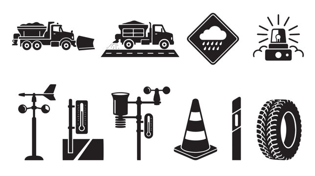 Winter road maintenance icons, snow plow truck and weather station equipment set, black silhouette vector symbols for cold climate transportation