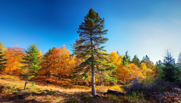 Tall Pine Tree In Mixed Autumn Forest Under Blue Sky