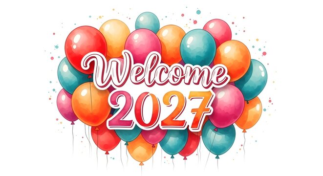 Welcome 2027 festive greeting card with colorful balloons isolated on white background