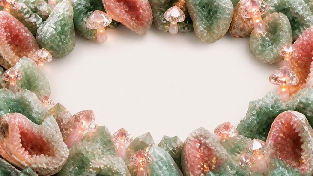 Crystalline succulent wreath with pink and green geode textures, organic mineral frame on white background, ethereal gemstone botanical border