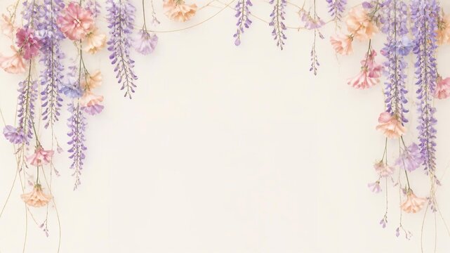Delicate pastel spring bloom floral arrangement gracefully framing a serene light background, ideal for elegant invitations, romantic decor, or gentle celebration themes