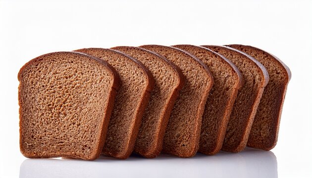 Slices Of Dark Rye Whole Grain Bread Arranged In A Row Isolated On White Background
