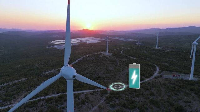 Electric vehicle charging powered by wind energy smart grid renewable infrastructure. Graphic visualization. Aerial drone shot