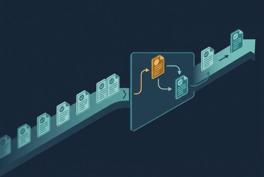 Enterprise audit finding remediation workflow with corrective action document returning to verified approval stream, dark teal technology background with copy space