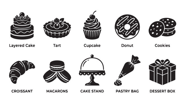 Bakery icon set with 10 dessert vector elements, black silhouette pastry and cake symbols, sweet food icons for cafe menu and confectionery branding