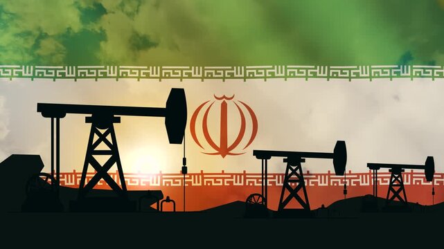 Oil rigs with the Iranian flag, sunrise, and dynamic clouds in the background. 4K