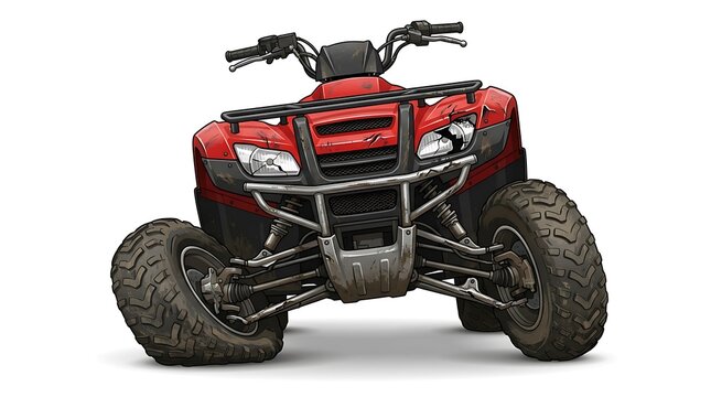 Red ATV with broken suspension. Damaged quad bike after rollover accident.