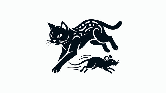 Black Cat Chasing a Mouse, Stylized Vector Illustration