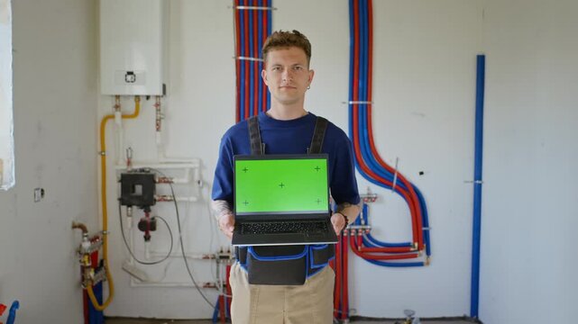 Portrait of Caucasian young adult contractor holding laptop with green screen in unfinished room. Ideal for promoting smart home installation apps, plumbing services, or renovation software