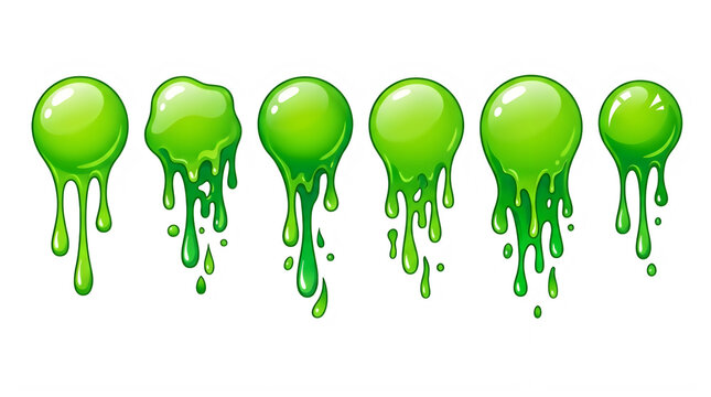 Green slime drips set. Toxic liquid blobs and melting goo elements isolated on white.