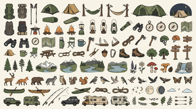 Camping and Outdoor Adventure Gear Vector Collection