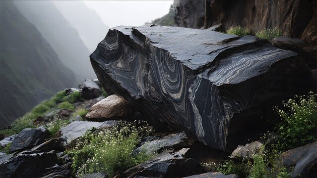 Layered metamorphic rock featuring contrasting black and white mineral patterns for natural outdoor decoration, 