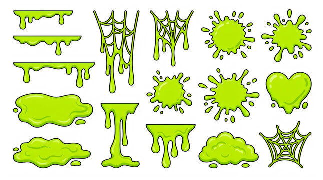 Green slime drips and spider webs set. Halloween toxic ooze splashes and sticky goo icons.