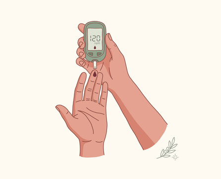 Hand Holding Blood Glucose Meter and Testing Finger Drop of Blood Vector Illustration &ndash; Diabetes Monitoring Concept.