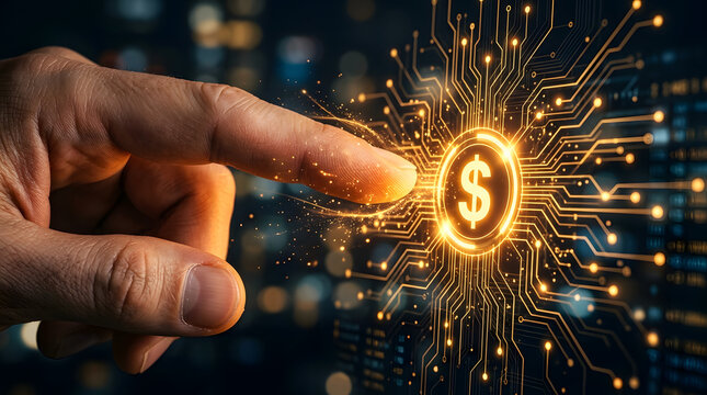 Finger activating a golden dollar sign symbol embedded in a glowing electronic circuit board pattern that highlights digital finance and wealth management solutions.