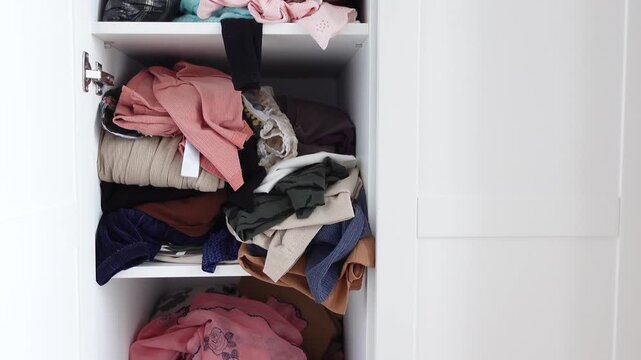 Messy white closet with clothes cluttered on shelves, illustrating disorganization and need for home tidiness in a dynamic motion clip
