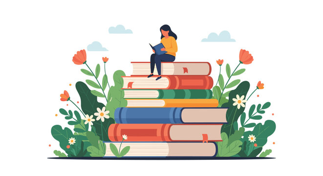 Young girl sitting and reading a book on top of a giant stack of books in a floral garden, concept of education.