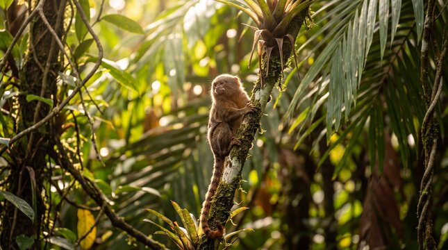 Vibrant outdoor wildlife scene tracking a wild pygmy marmoset primate in its native high-canopy forest territory.
