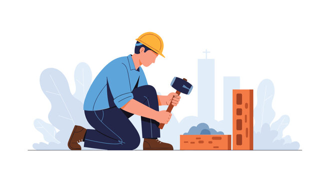 Professional construction worker in hard hat kneeling on the ground and laying brick wall with heavy hammer.
