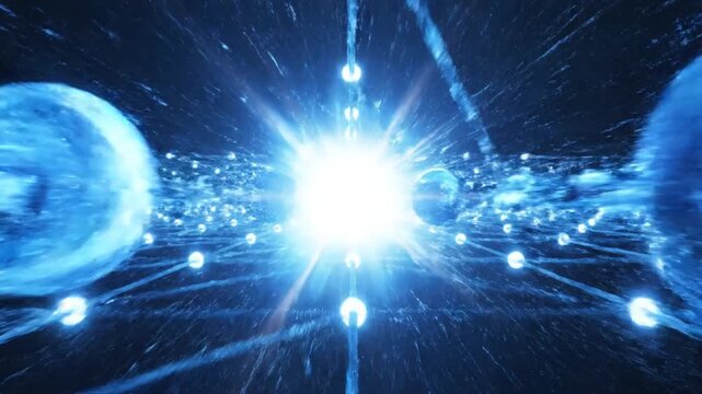 Perspective view of a blue glowing digital network grid with luminous spherical nodes and connecting lines receding toward a bright central light flare on a dark background.