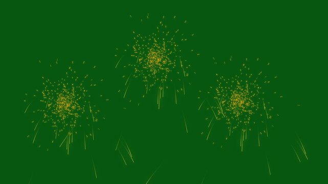 Single golden firework burst on green  background with flying glitter sparks, transparent alpha channel and glowing particle explosion effect
