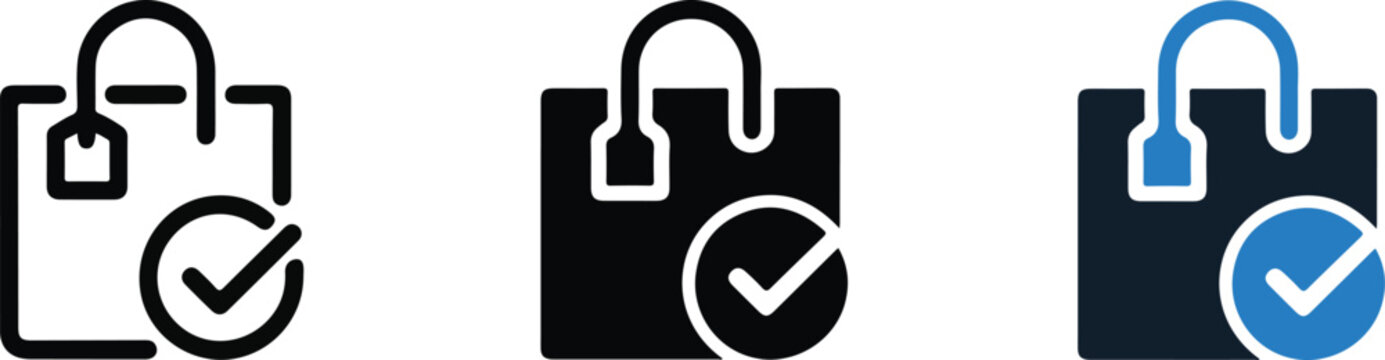 Shopping bag with check mark icon set vector design for retail application.