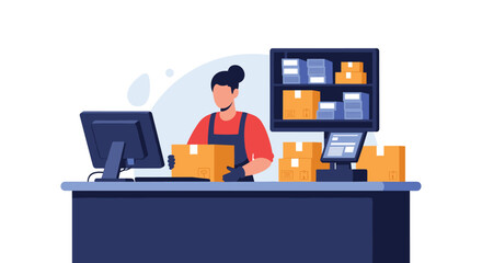 Fototapeta premium Female warehouse worker scanning a cardboard delivery box with computer at storage service register desk.