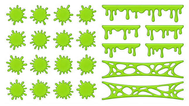 Green slime splashes and drips set. Toxic liquid splatter elements for horror design.