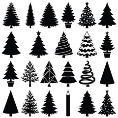Obraz premium Assorted pine trees collection in black silhouette style for winter forest nature designs