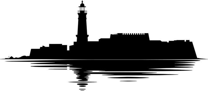 Lighthouse and ancient fortress harbor silhouette reflected in sea water, black vector shape of a historic coastal castle skyline