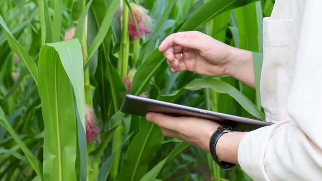 Close uo of hands taking notes on tablet while reviewing through corn plants and inspecting field during growing season. Precision agriculture, farm management, modern crop assessment