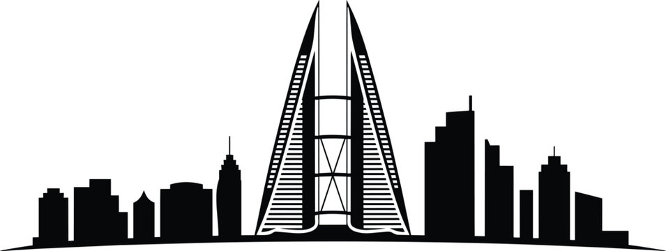 Manama skyline silhouette with Bahrain World Trade Center twin towers and urban skyscrapers of the Arabian Gulf capital city