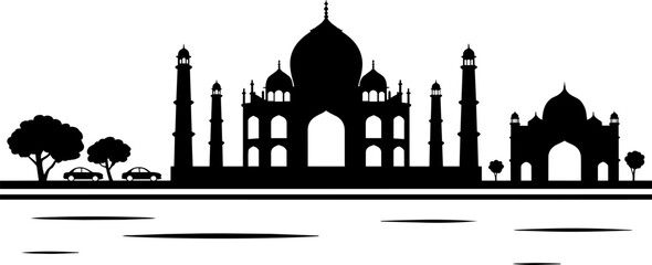 Taj Mahal silhouette, historic mausoleum monument in Agra India, dome architecture, minarets, trees, cars, and river water reflection © Yasin